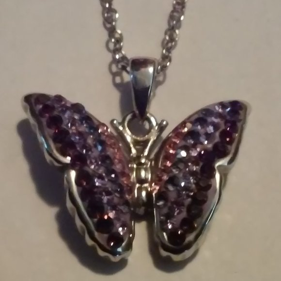 Silver Butterfly Necklace Stones Pink Burgundy 2 Shades Of Purple Hangs 9 1/2" N - Picture 2 of 4
